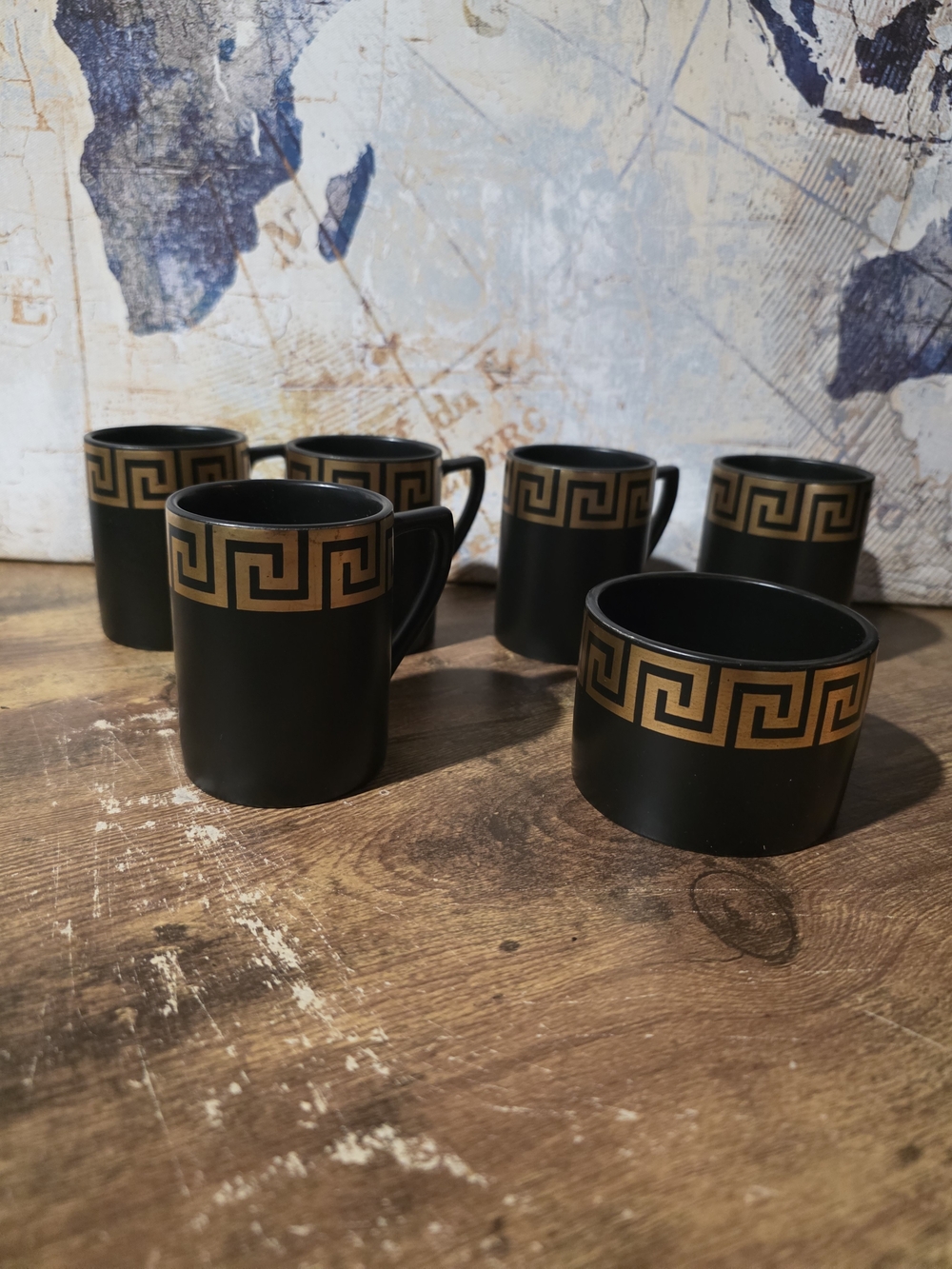 Portmeirion Black and Gold Greek Key Espresso Cup Set Of 5 Plus Sugar Bowl